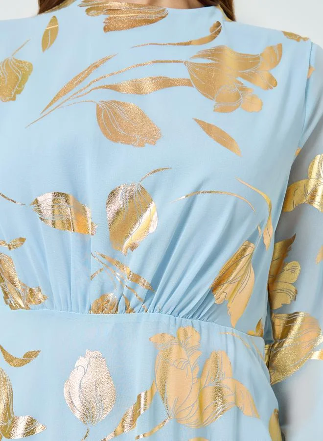 Styli Women Blue Foil Print A-Line Maxi Dress